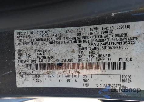 2019 Ford Fiesta Se from USA, damaged, VIN 3FADP4EJ7KM105372